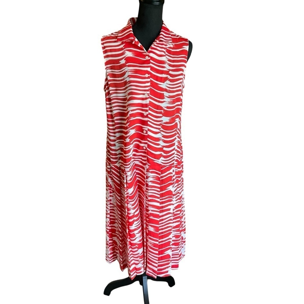 Cabi Red White Brushstroke Sleeveless Button Front Midi Dress Size M - Picture 3 of 11